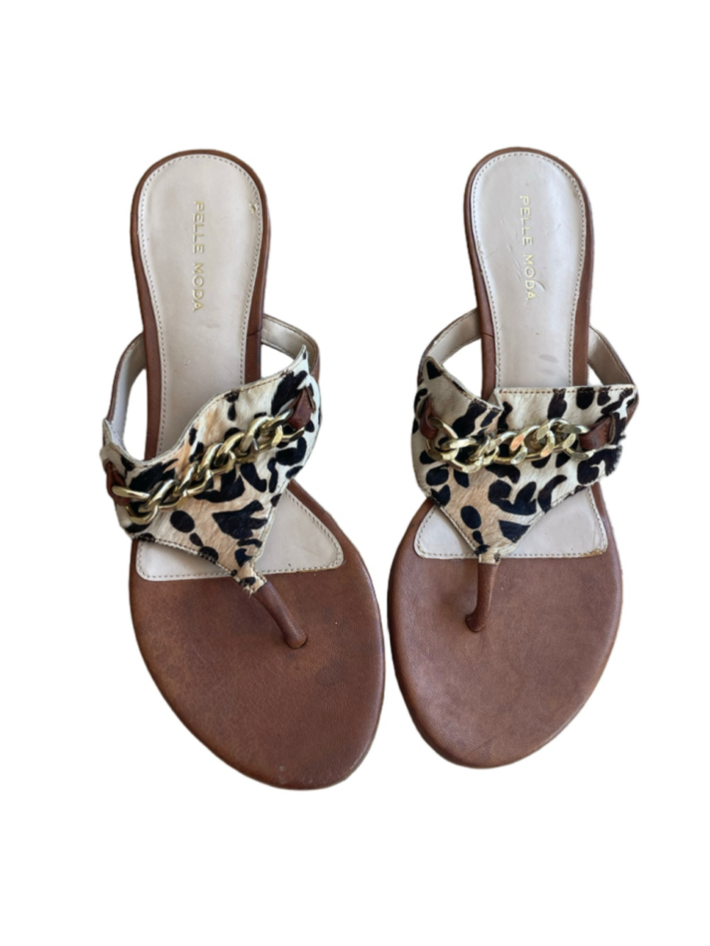 Pelle Moda 9.5 Leopard Print Gold Chain Thong Slingback Sandals
